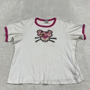 Pink Panther Ringer T-Shirt Womens 1X White Pink Graphic Glitter 2003 Vintage